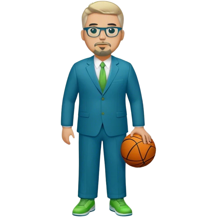 Full Body plus size white male basketball team manager with glasses blondish gray short hair with a goatee wearing blue and green suit emoji