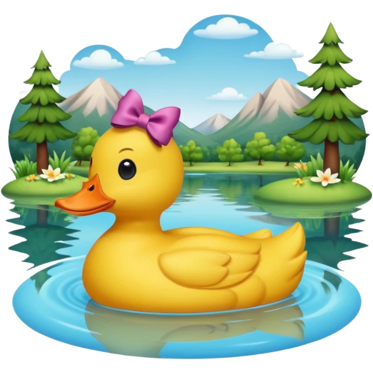 a yellow duck with a bow on its head in a lake surrounded by nature emoji