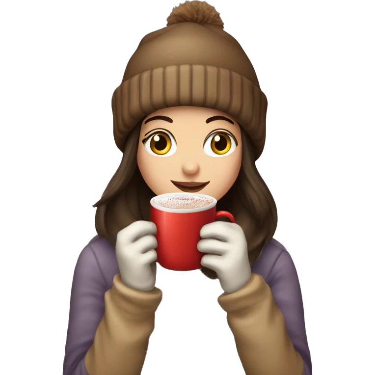 Brunette girl with gloves and beanie sipping her hot chocolate  emoji