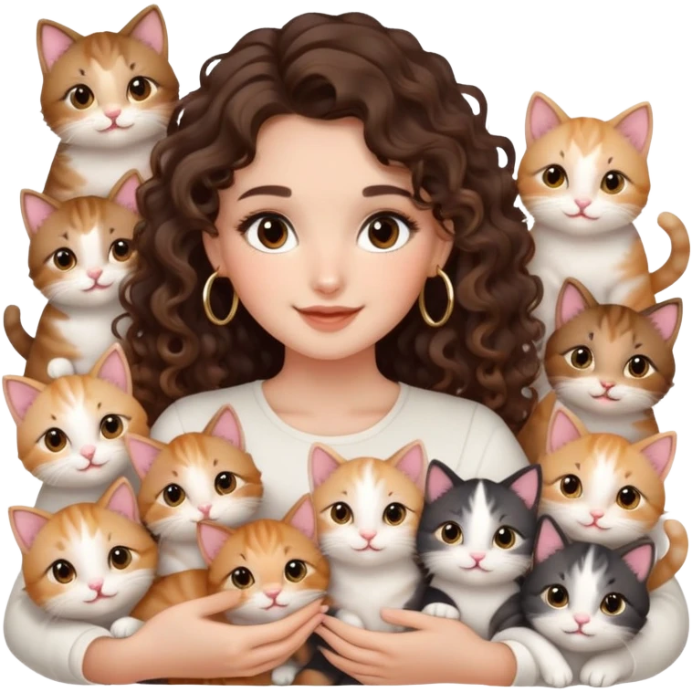 cute girl long brunette balayage curly/wavy not voluminous hair, brown eyes, hoop earrings, natural pretty clean makeup: holding and surrounded by lots and lots of happy cute kitties emoji
