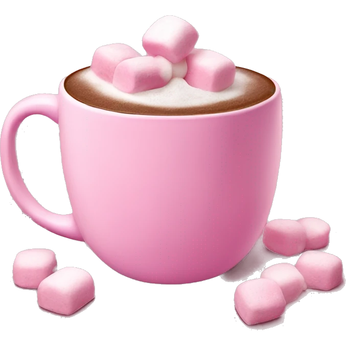 Hot chocolate in a pink mug with pink marshmallows emoji