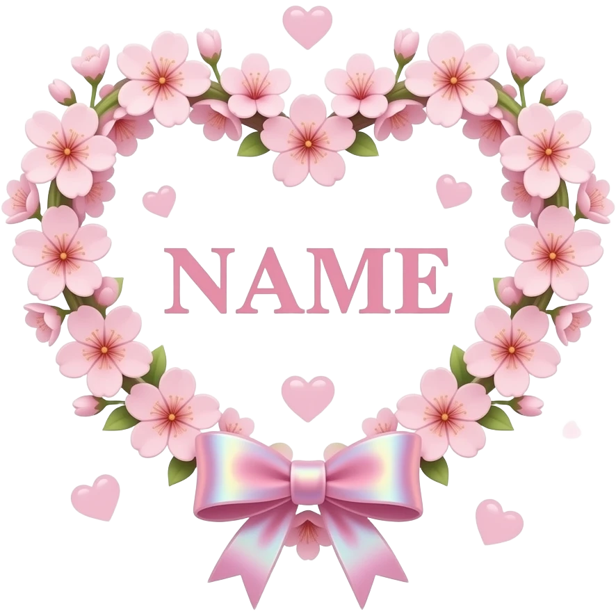 A Floral Heart formed from a ring of tiny glowing lilies and soft pink text 'NAME' cherry blossoms. A dainty silk ribbon bow is tied at the bottom. Ethereal, soft-focus lighting, iridescent finish, and floating Sparkling Hearts emoji