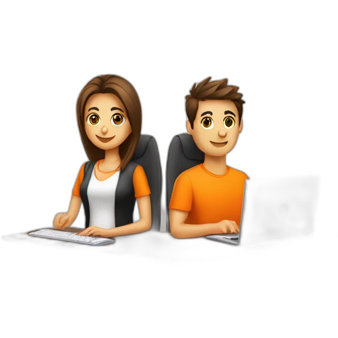 Chico y chica trabajan en oficina con computadoras con remera color naranja emoji