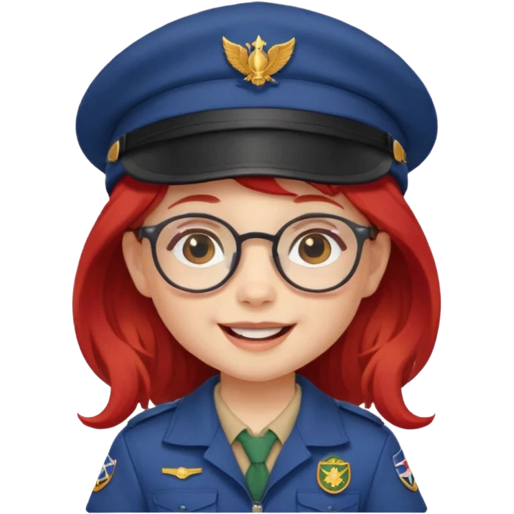 scout girl baby with uniform including the hat,  little with glassess and long red hair emoji