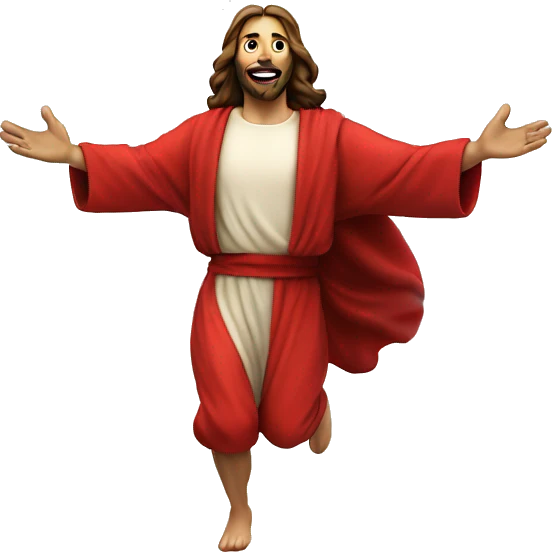 Jesus sprinting, with a large stride and arms outstretched, in a red santa costume emoji