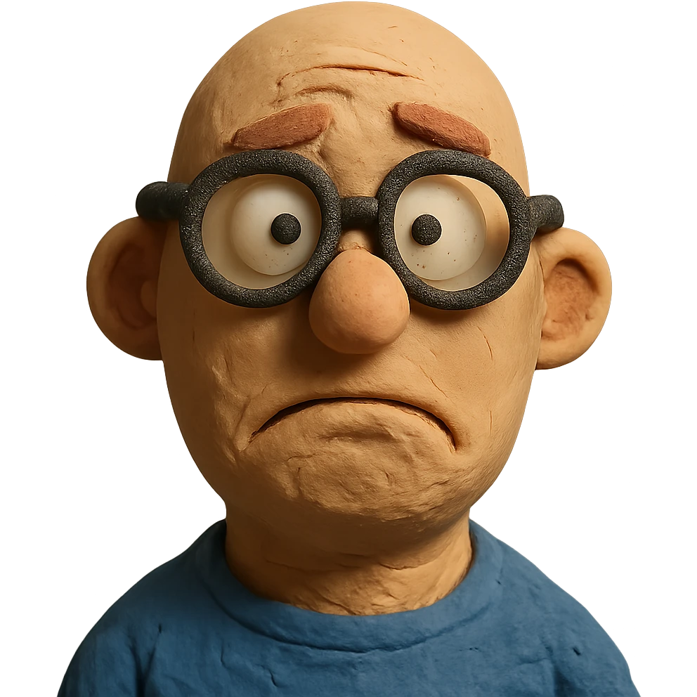 claymation style bald guy with glasses, looking dumb emoji