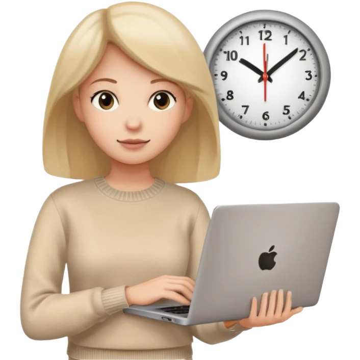I like the 4th image. Now, make the same woman leave work with her laptop in hand. Add a round clock behind her on the wall. She is wearing a beige sweater.  emoji
