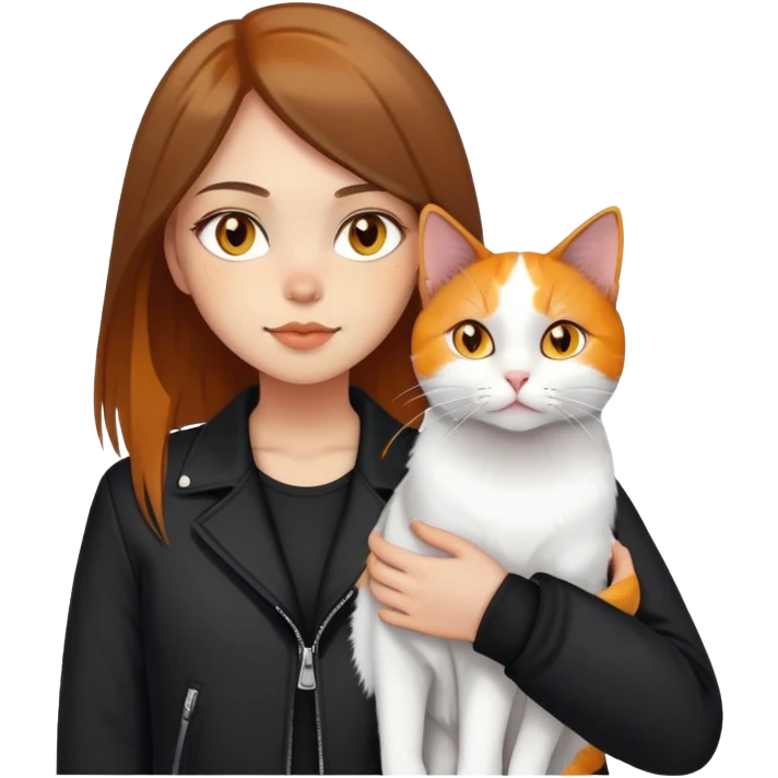 Light-skinned girl with brown straight hair wearing a black jacket, holding one pure white cat with bright yellow eyes and one calico cat with orange black and white patches emoji