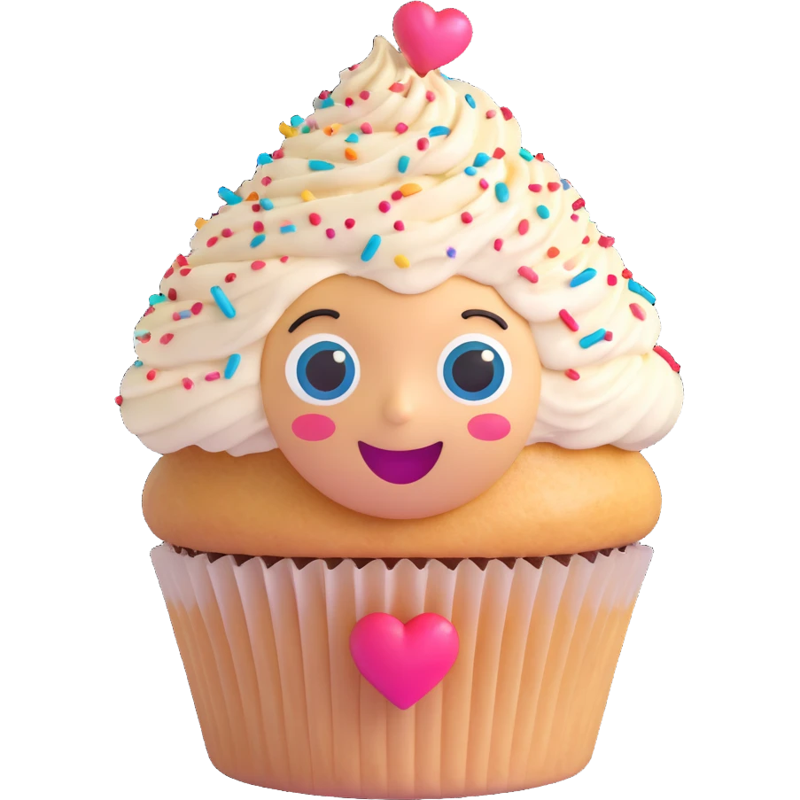 happy emoji-style face made from a cupcake, frosting hair, big sparkling eyes, joyful smile, colorful sprinkles, heart-shaped candy, representing love for sweets emoji