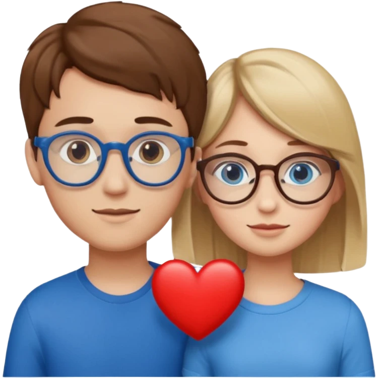 two young lovers, a red heart in the middle, boy with brown hair and glasses, girl blonde with blue eyes, emoji style emoji
