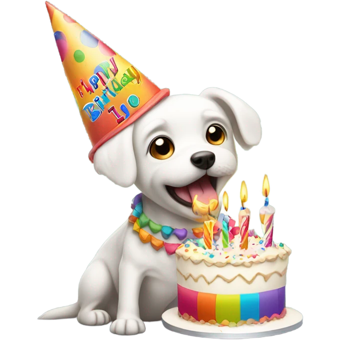 White male small dog wearing birthday hat with a cake  emoji