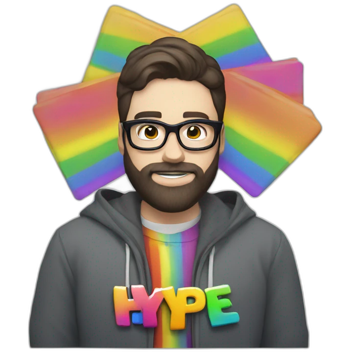 400 pound white man with dark hair and dark beard beard and glasses holding a sign that reads "hype" in rainbow colors emoji
