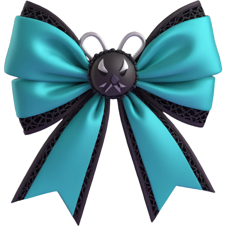3D emoji gothic bow, dark teal satin, black lace overlay, silver spiderweb charm, moody and elegant emoji