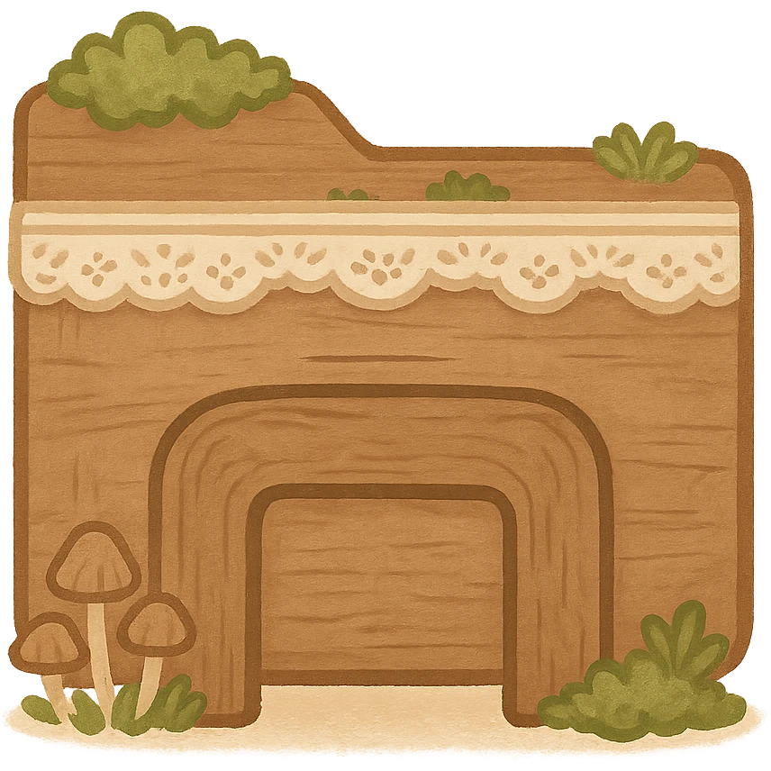 Transform the File Explorer icon into a cottagecore style to match previous PC and folder icons. Use soft earthy tones, rustic wooden textures, moss, tiny mushrooms, delicate lace, and nature-inspired details. No words or text. Transparent background. emoji