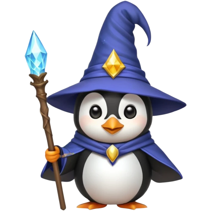 cute penguin dressed as a wizard, pointy hat, magic staff, emoji style emoji