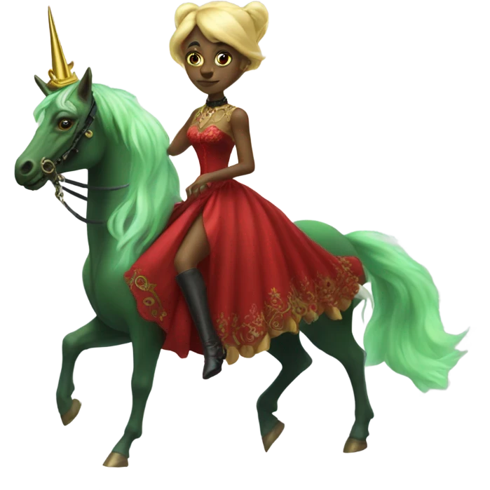 "galora green blonde alien woman" in red Victorian elegant dress, full body, rides unicorn gold
NO WOKE
 emoji