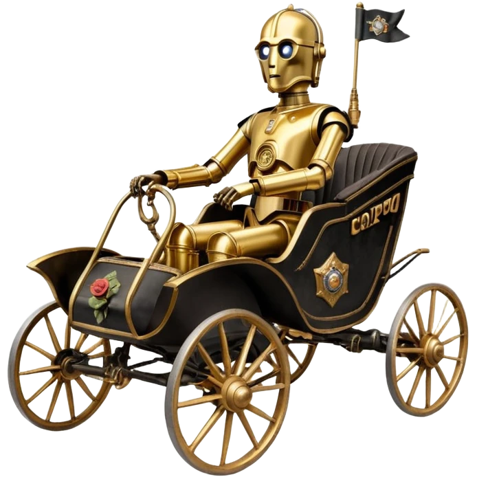 Action in Old American West tarnished C-3PO bounty policeman in 1864 delicately ornate rosegold accents painted buggy powered by electric motors and batteries with safety features and belts flying rapidly across rough dusty terrain stable on strong agile suspension  emoji
