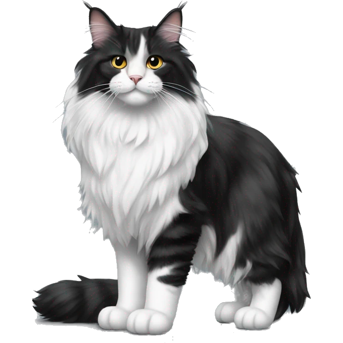 A black and white Maine Coon cat stands on the floor emoji