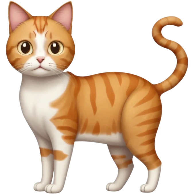 full body white, ginger and brown tabby calicio cat with skinny head and fat body with an anxious face emoji