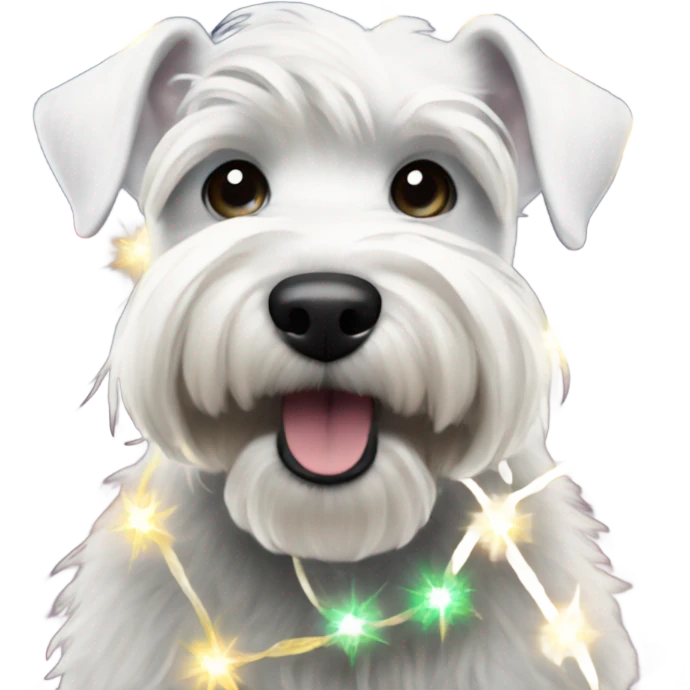 White miniature schnauzer tangled up in Christmas lights emoji