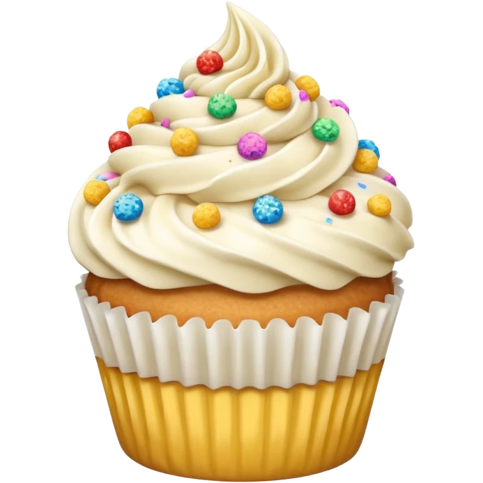 Vanilla cupcake, with vanilla frosting and crushed up cereal pieces on top with sprinkles emoji