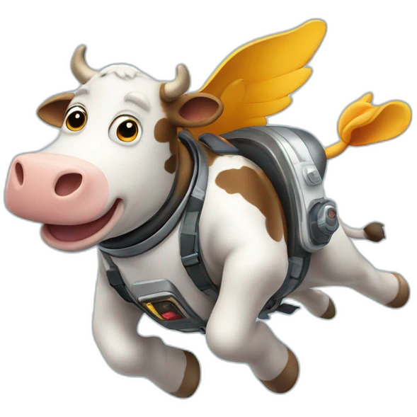 cow flying to space while wearing a jetpack emoji