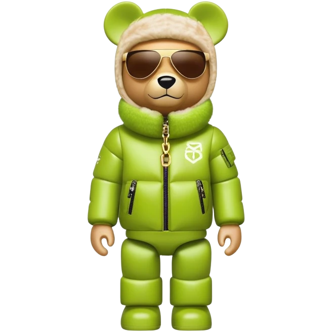 sleek bearbrick with lime balaclava covered in logo graffiti, futuristic single continuous visor sunglasses as one solid piece, no eye division, luxurious voluminous puffy coat with fur trim, gold chain accessories emoji