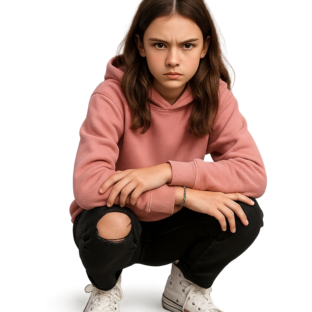 13-year-old girl with loose chestnut brown hair, hazel eyes, pink hoodie, black ripped jeans, white high-top sneakers, beaded friendship bracelet, bold sharp cautious expression emoji