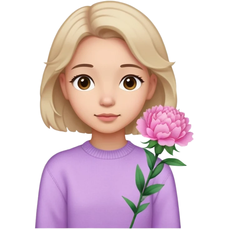  A girl with shoulder-length hair, a pink carnation behind her ear, and a light purple sweater, exuding a gentle aura. emoji