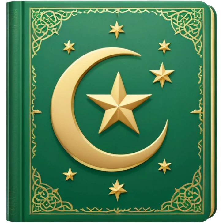 Closed Quran with the Islamic Symbol on it (moon and star) green from left to right emoji