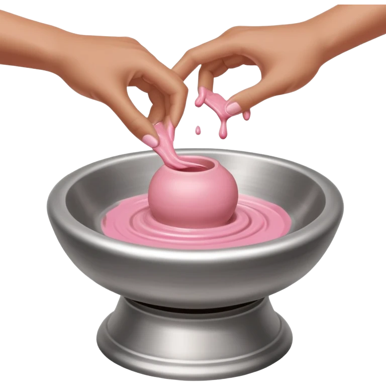 single hand caught mid-action of throwing a pink clay blob that is already placed on a silver pottery wheel emoji