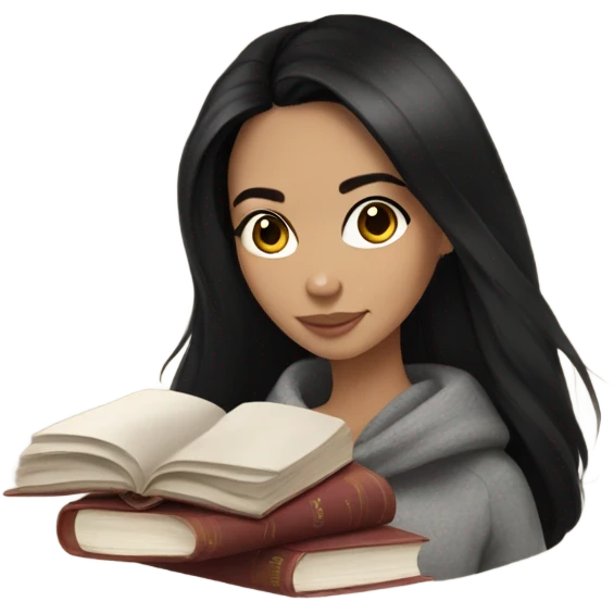 Brunette girl, black straight hair, cozy with tea and book emoji
