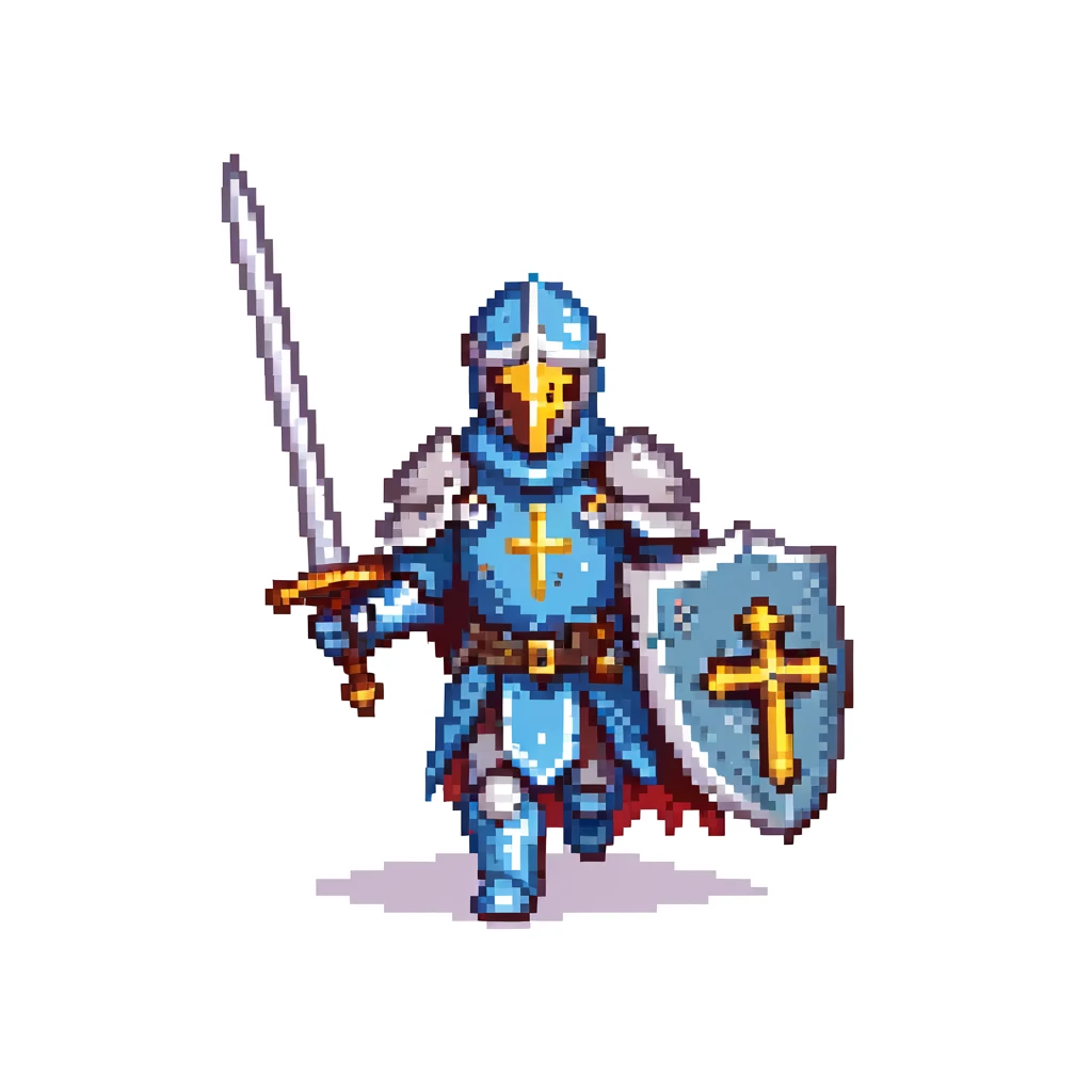 running paladin knight in shining armor with holy symbols and a sword emoji