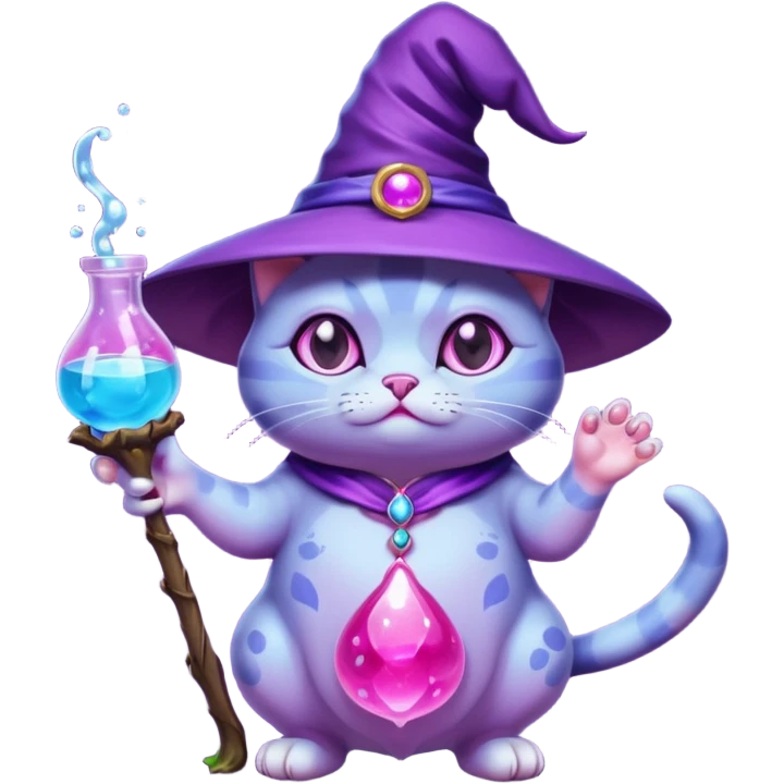 Purple witch cat full body with pink potion and blue potion bubbling  emoji