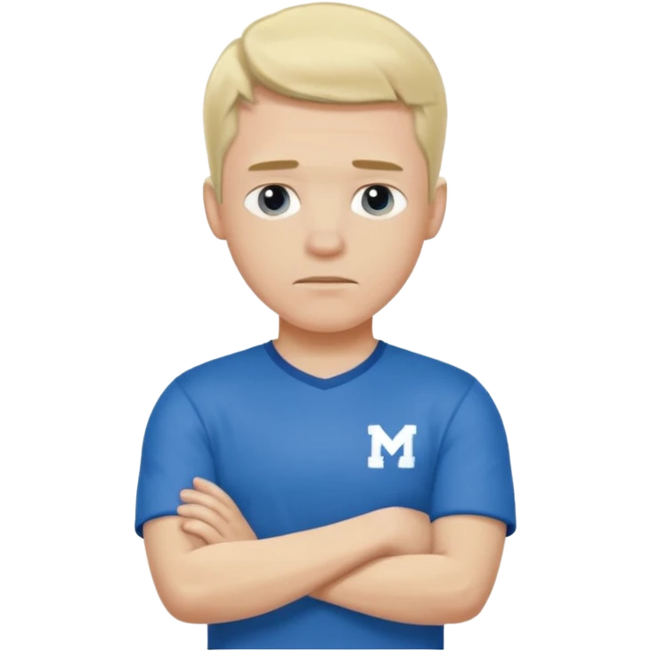 Pale blond man in blue football t shirt crossed arms trembling from cold emoji
