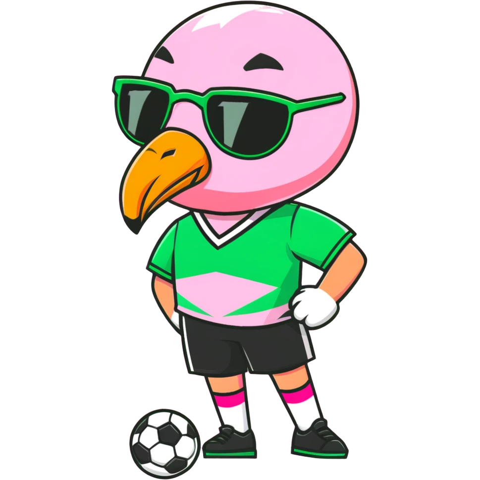 flamingo soccer player wearing sunglasses and a black and green jersey emoji