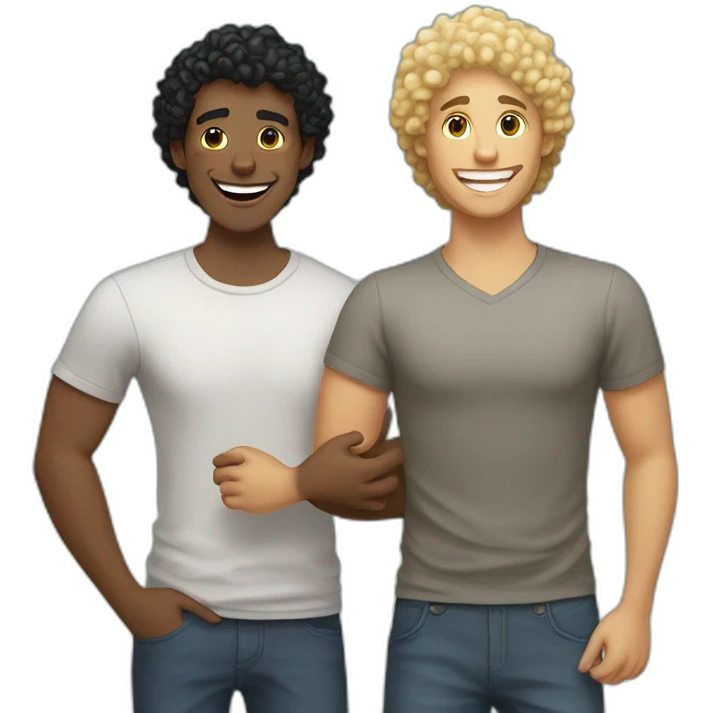 Gay couple, 1 guy Latino black straight hair and 1 Australian guy with blonde curly hair with a cat laughing full body emoji