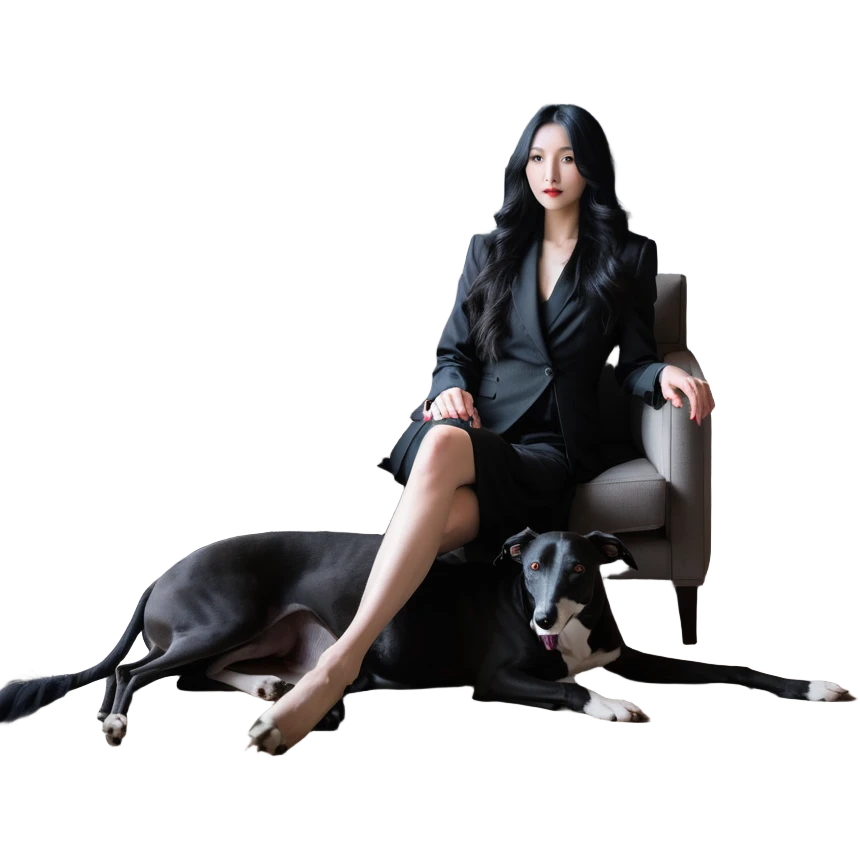 Very thin Chinese woman with long black hair relaxing in a luxurious hotel suite with exactly ONE whippet dog. EXTREME IMPORTANCE: the whippet must be ONE SOLID VERY DARK CHARCOAL GREY COLOR from nose to tail with ABSOLUTELY NO WHITE MARKINGS anywhere - NO white on face, NO white on muzzle, NO white on chest, NO white on paws, NO white on tail - NOTHING BUT A SINGLE SHADE OF VERY DARK GREY throughout the entire animal emoji