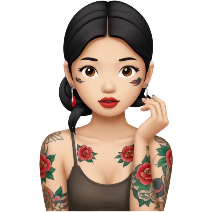 Beautiful Asian woman with tattoos on her body biting her lip emoji