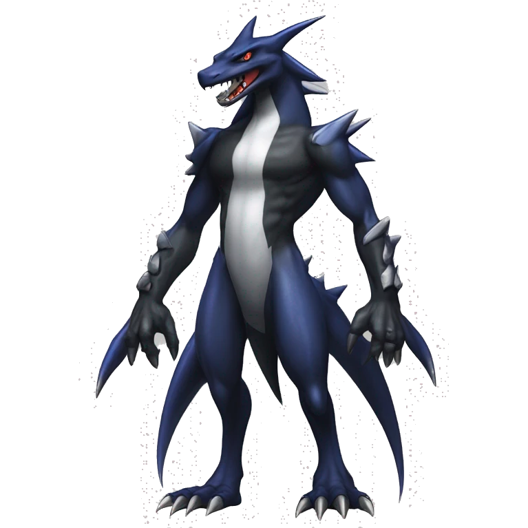 Black, Modern, Cool, Edgy, Garchomp-Nargacuga-Sergal Fakémon-Digimon with sharp edgy striking detailed stripe-markings,  full body emoji
