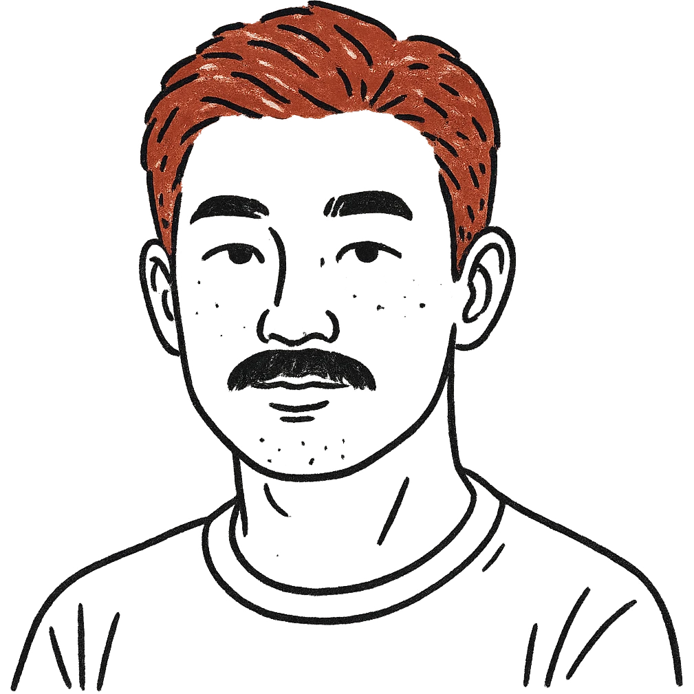 Asian man with black mustache and red hair, hand-drawn outlined style emoji