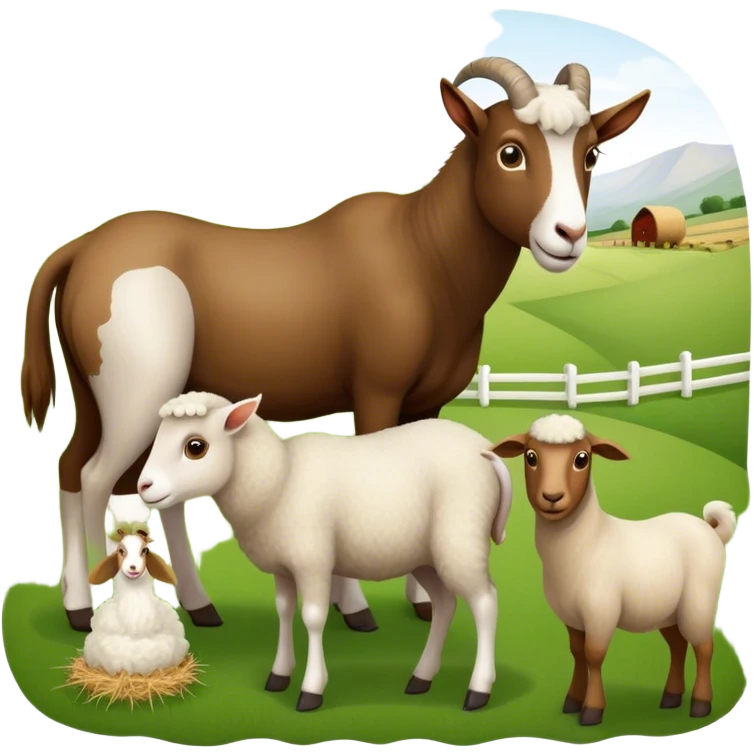 Icon for Domestic Hooved Animals: A gentle collage featuring a brown goat with large, curious eyes, a calm sheep with soft wool and a horse with a flowing mane. Background with a green pasture and a few hay bales. Transparent background. emoji