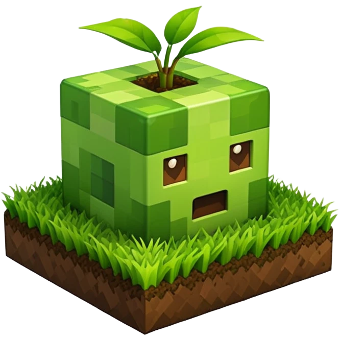 A 3D Apple-style emoji of a Minecraft grass block, cubic shape, with bright green grass on top and brown soil with pixel texture on the sides, simple and cute cartoon design. emoji