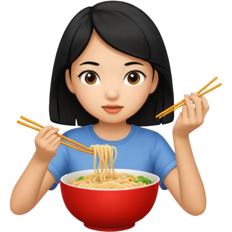 girl with black hair in short sleeves eating noodles emoji