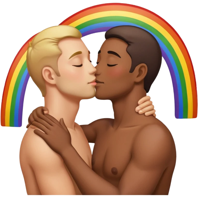make 2 seductive men kissing and holding sitting on a rainbow emoji