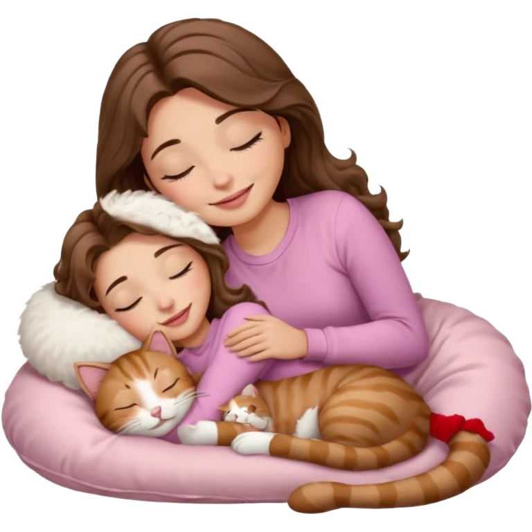 girl with wavy long brown hair, brown eyes, light to medium complexion, long lashes, light pink lipstick, smiling, wearing light pink shirt, sleeping on a cozy pillow, cuddling a tabby cat  emoji