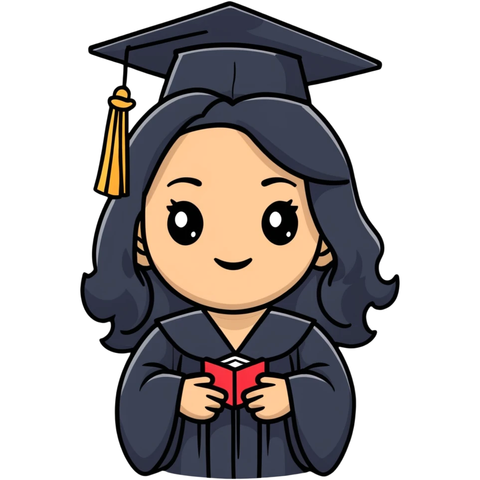 happy latina graduate with long wavy black hair wearing graduation cap and gown emoji