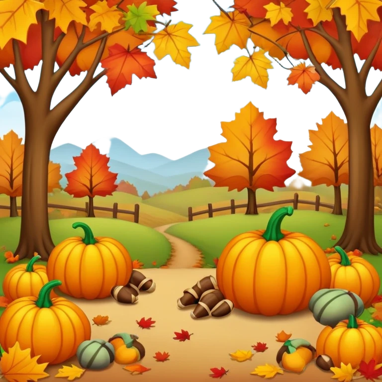 autumn fall scene with colorful leaves, pumpkins, and acorns emoji