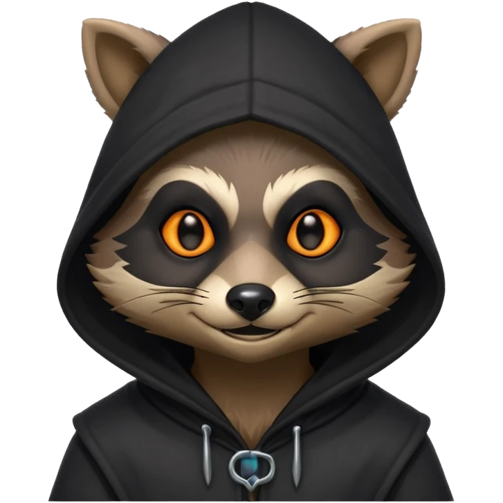 gothic thief raccoon portrait, head and shoulders only, dark hood, glowing eyes, mysterious sneaky grin, 3D cartoon, mobile game icon style, clean background, no text, no watermark
 emoji