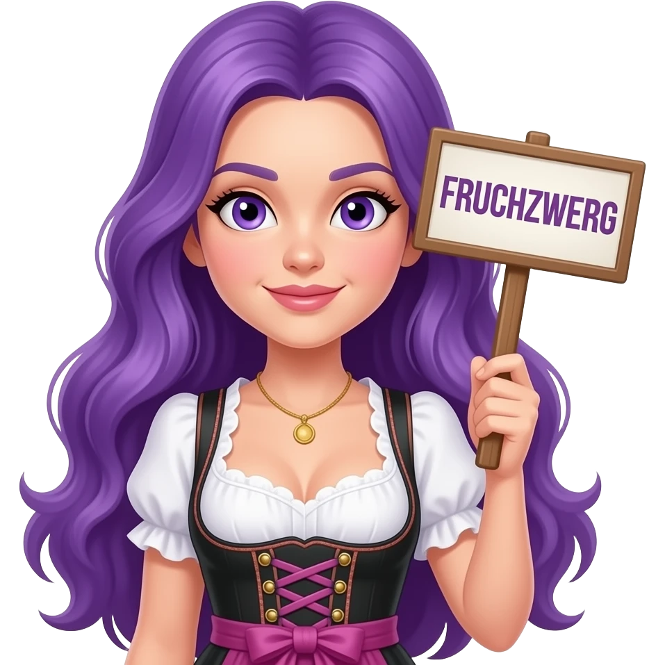 sexy girl with long purple hair and purple eyes wearing a dirndl holding a FRUCHTZWERG sign emoji